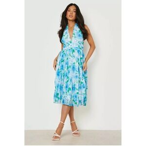 Blue White Floral Chiffon Halter Dress‎ Wedding Event Midi Summer Retro Sz 8 / M